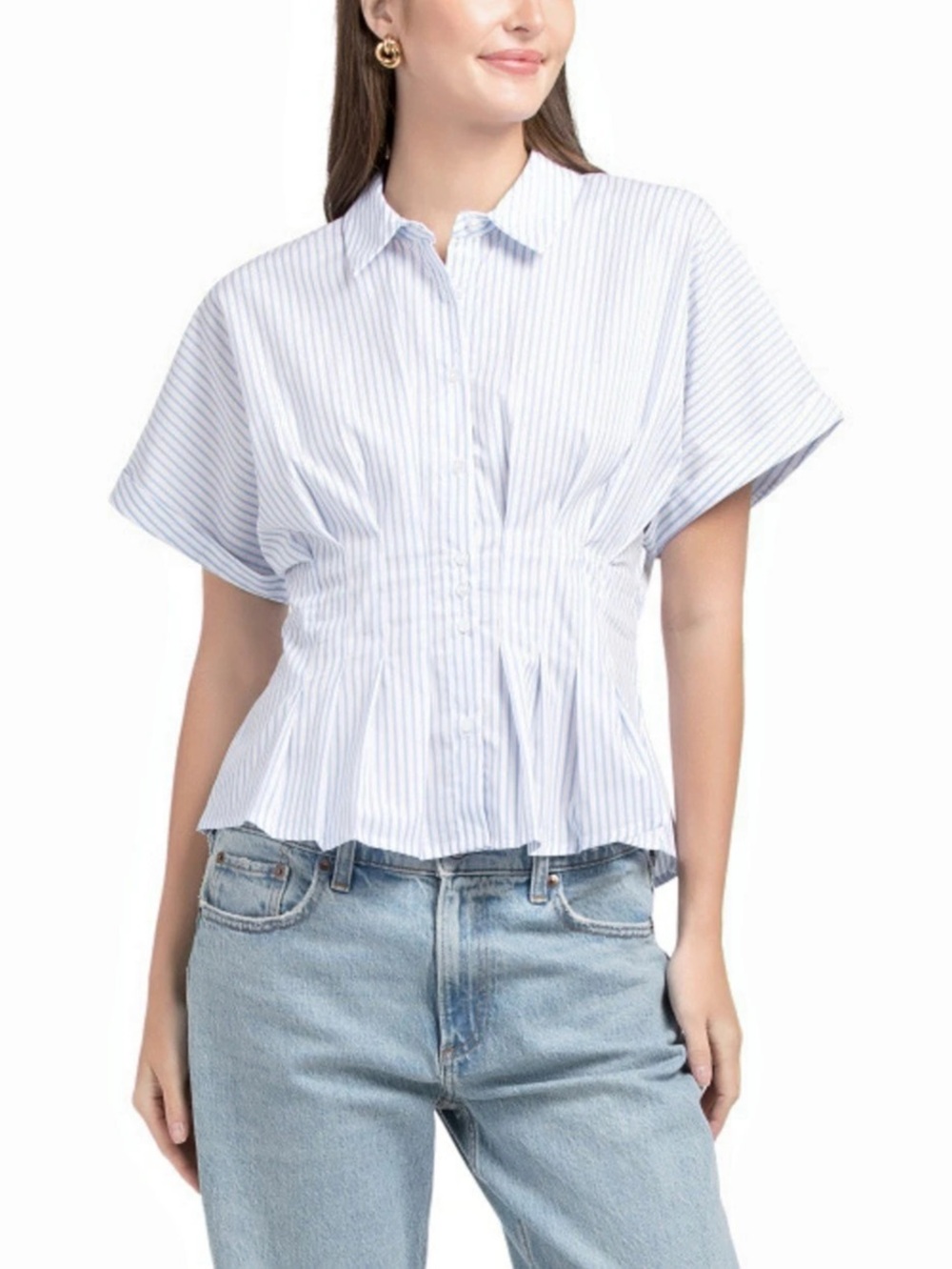 NWT CECE Pleat Waist Dolman Sleeve Button Down Top Striped Size Large